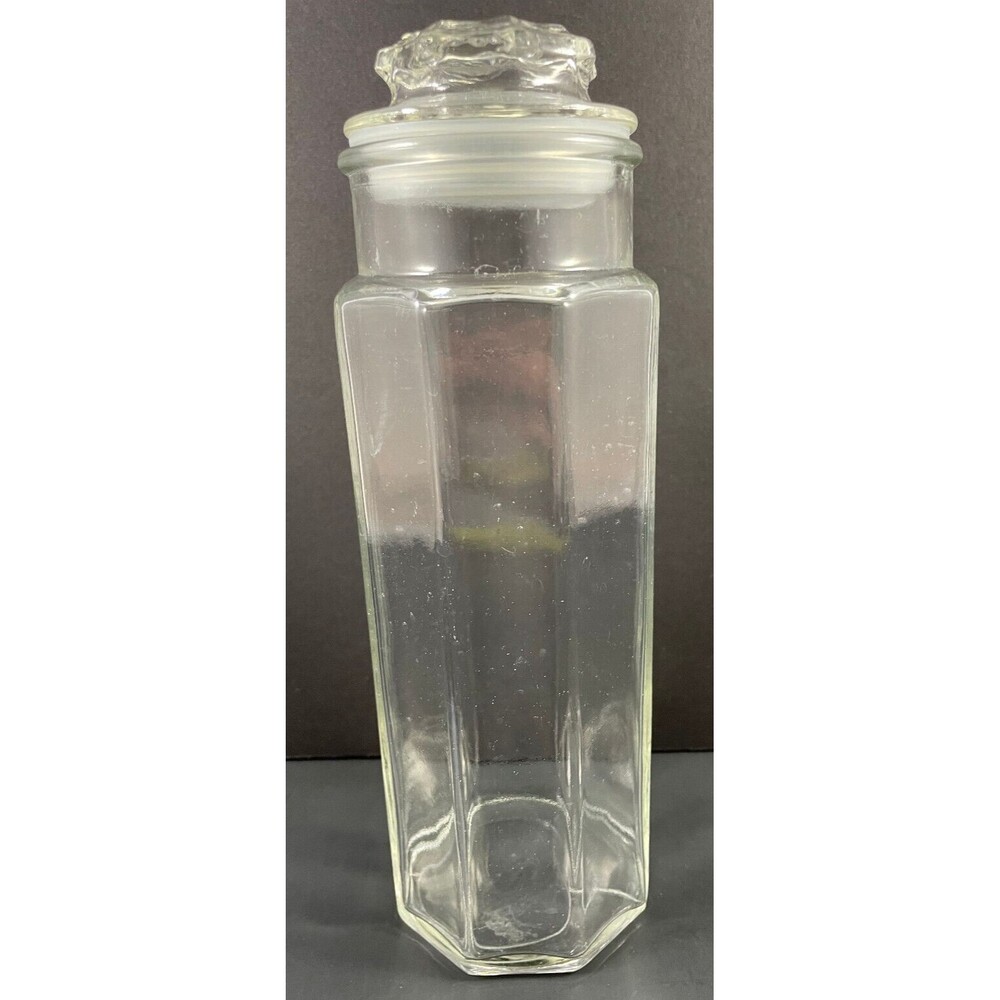 Anchor Hocking Octagon Canister Jar Vintage Clear Glass Apothecary With Lid 10"H